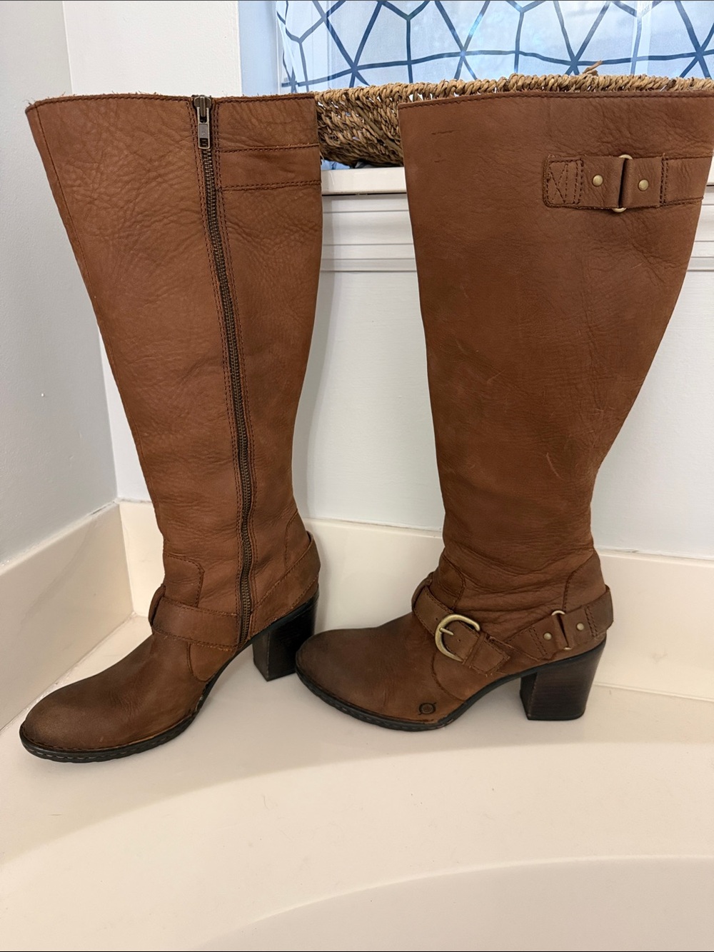 Born Cognac Leather Knee-High Heeled Boots with Buckle